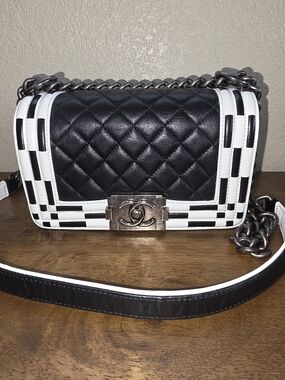 CHANEL Black and White Quilted Boy Bag Antiqued Silver Hardware